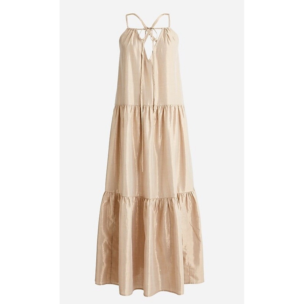J Crew Womens Gold Metallic‎ Cross Back Halter Beach Dress Size M Tiered Midi